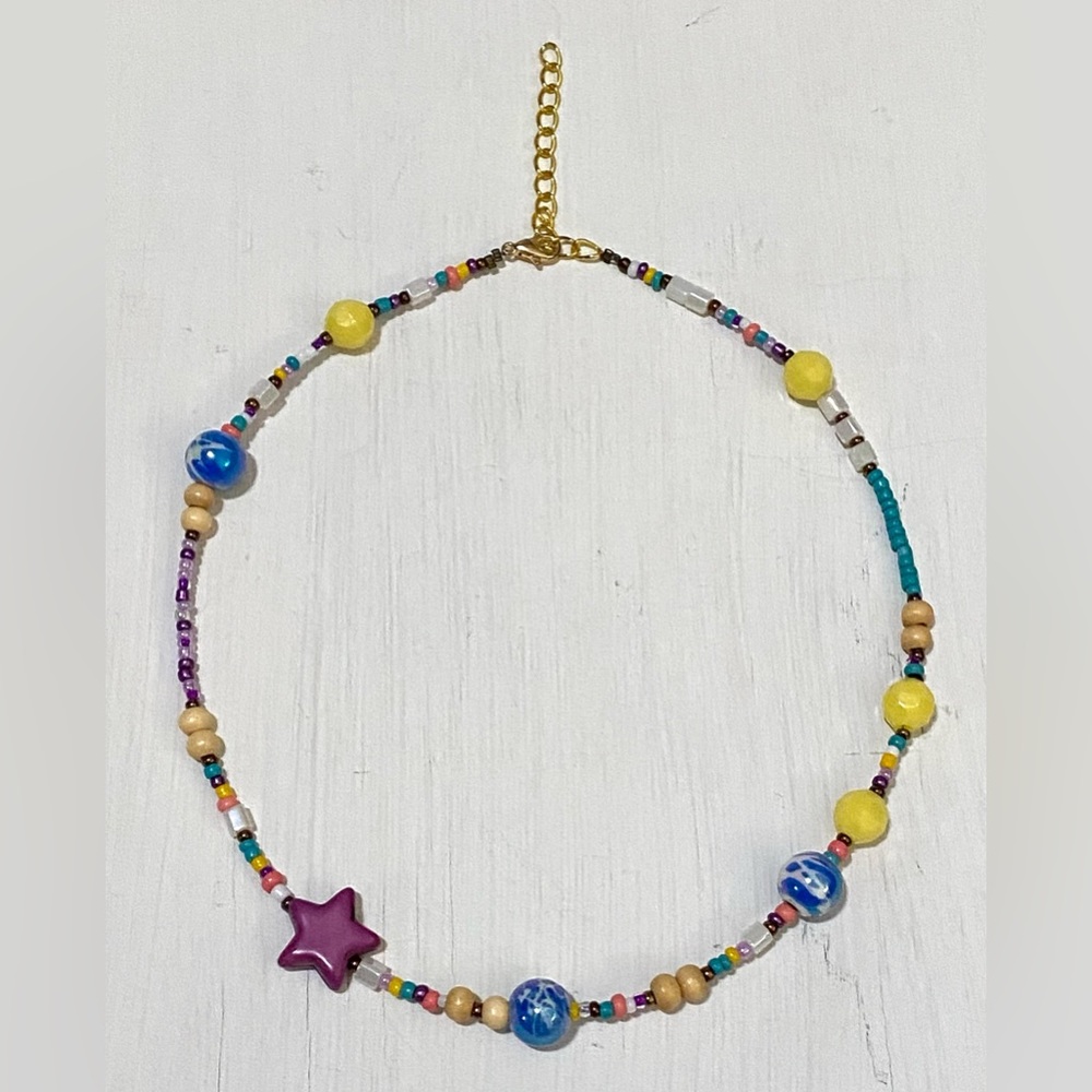 Purple Star Multi-Color Beaded Necklace Boho Y2K Summer Beach Preppy Eclectic - Picture 4 of 7